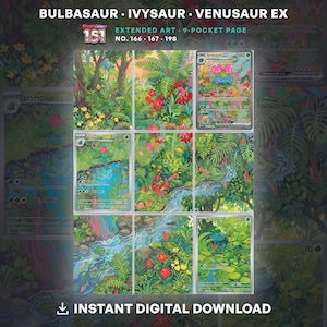 Bulbizarre 166, Herbizarre 167 et Florizarre ex 198 (Illustrations étendues) • 151 • Insert pour classeur à 9 pochettes • Page de méthode Michi • Téléchargement numérique imprimable