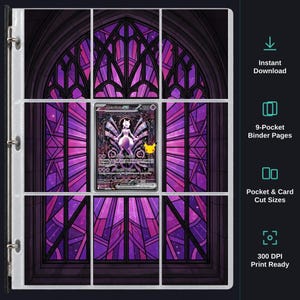 May include: A 9-pocket binder page insert featuring a purple stained glass window design with a Mewtwo EX trading card in the centre pocket. The design includes text labels for Instant Download, 9-Pocket Binder Pages, Pocket & Card Cut Sizes, and 300 DPI Print Ready.