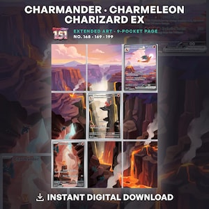 Charmander 168, Charmeleon 169 y Charizard ex 199 Arte extendido • 151 • Inserto para carpeta de 9 bolsillos • Página del método Michi