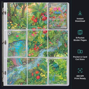 Op de afbeelding: Een doorzichtige ordnerpagina met 9 vakken met ruilkaarten die een doorlopende illustratie van een jungle en rivier vormen. De kaarten tonen groen gebladerte, rode bloemen en blauw water. De tekst rechts luidt Instant Download, 9-Pocket Binder Pages, Pocket & Card Cut Sizes en 300 DPI Print Ready.