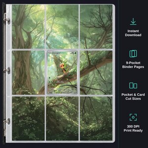 May include: A 9-pocket binder page sheet featuring a forest landscape background with a Chespin trading card placed in the centre pocket. The design includes text for Instant Download, 9-Pocket Binder Pages, Pocket & Card Cut Sizes, and 300 DPI Print Ready.