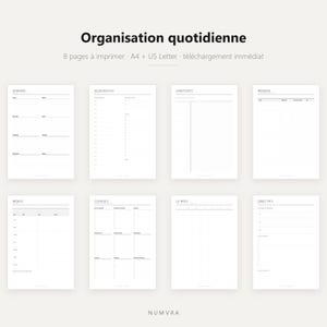 Peut inclure: Un ensemble de huit pages de planification d'organisation quotidienne imprimables en noir et blanc. Le texte indique Organisation quotidienne, 8 pages à imprimer, A4 + US Letter, téléchargement immédiat, Semaine, Aujourd'hui, Habitudes, Ménage, Menus, Courses, Le mois, Objectifs et Numvra.