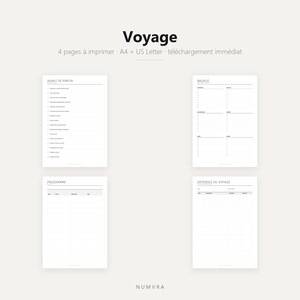 Peut inclure: Un ensemble de planificateur de voyage numérique comprenant quatre pages imprimables avec le titre Voyage. Les pages incluent des listes de contrôle pour le départ, les bagages, un itinéraire quotidien et les dépenses, dans une mise en page épurée.
