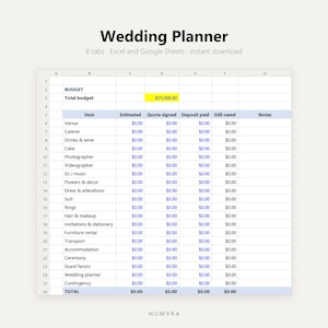 May include: A digital wedding planner spreadsheet with six tabs, compatible with Excel and Google Sheets. The interface displays a budget tracker with columns for item, estimated cost, quote signed, deposit paid, still owed, and notes for expenses.
