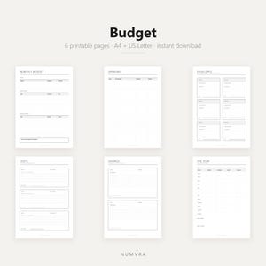 Peut inclure: Un ensemble de six pages de planification budgétaire imprimables avec du texte noir sur fond blanc. Les pages incluent des sections pour Monthly Budget, Spending, Envelopes, Debts, Savings, et The Year. Le texte indique Budget, 6 printable pages, A4 + US Letter, instant download, et NUMVRA.