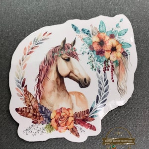 Autocollant de cheval, cheval Boho, autocollant pour ordinateur portable, autocollants de poney, autocollant de cheval mignon, décalque de cheval, tête de cheval, équestre, cheval de fleur, autocollants