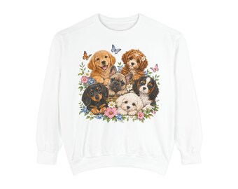 Vintage sweatshirt met bloemenprint en puppymotief, ronde hals in comfortabele kleuren, ideaal cadeau voor hondenliefhebbers in cottagecore-stijl.