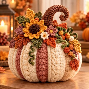 May include: A crocheted pumpkin featuring alternating cream and dusty rose vertical panels with textured cable and bobble stitches. The top is adorned with a large yellow sunflower, small flowers, green leaves, orange berries, and a curled brown stem.