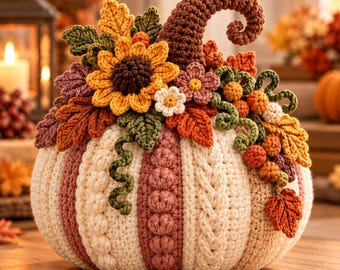 May include: A crocheted pumpkin featuring alternating cream and dusty rose vertical panels with textured cable and bobble stitches. The top is adorned with a large yellow sunflower, small flowers, green leaves, orange berries, and a curled brown stem.