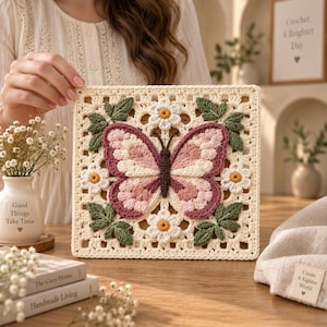 Peut inclure: Un carré au crochet représentant un motif central de papillon dans des tons rose et brun foncé, entouré de fleurs de marguerites blanches à cœur jaune et de feuilles vertes, le tout réalisé en fil crème avec une bordure ajourée.