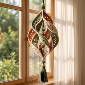 May include: A hanging spiral ornament crafted from crocheted fabric in shades of sage green, terracotta, and cream. The structure features a central vertical cord adorned with wooden and crocheted beads, terminating in a long green tassel.