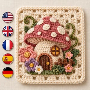 Puede incluir: Un cuadrado de ganchillo tipo granny square con una casa de setas tridimensional en el centro. La seta tiene un sombrero rosa con puntos blancos, un tallo beige, una puerta marrón y una pequeña ventana, rodeada de flores rosas, moradas y blancas.