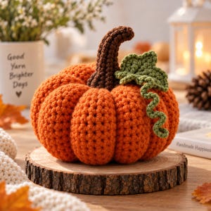 May include: A crocheted pumpkin in bright orange yarn with a dark brown stem and a textured sage green leaf with a curly vine. The pumpkin features a rounded, ribbed shape created with dense crochet stitches, sitting on a circular wood slice.