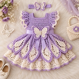 May include: A lavender and cream crochet dress featuring a butterfly applique at the waist, ruffled sleeves, and a layered petal skirt. The set includes a matching butterfly headband and a small cream crochet handbag with a pearl handle.