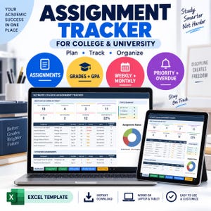 May include: An assignment tracker Excel template for college and university students displayed on a laptop and tablet. The interface shows dashboards for assignments, grades, and GPA with status summaries, pie charts, and tables for tracking tasks.