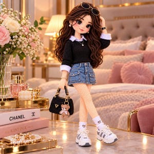 May include: A crocheted doll with long wavy brown hair, wearing a black long-sleeve shirt with a white collar, a blue denim skirt, white socks with bear icons, and white sneakers. The doll holds a black handbag with a small teddy bear charm.