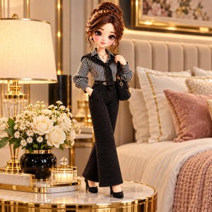 May include: A doll with brown hair styled in an updo, wearing a black and white striped long-sleeve shirt with a collar, a black belt, and black textured wide-leg trousers. The doll carries a small black handbag and wears black high-heeled shoes.
