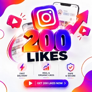 May include: A digital graphic featuring a large 3D Instagram logo above the bold text 200 LIKES. Below are three circular icons labeled FAST DELIVERY, REAL & ORGANIC LIKES, and SAFE & SECURE. A button at the bottom reads GET 200 LIKES NOW with an arrow.