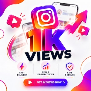 May include: A digital graphic featuring a large 3D Instagram logo above the bold text 1K VIEWS. It includes icons for fast delivery, real and organic views, and safe and secure service, with a button at the bottom labeled GET 1K VIEWS NOW.