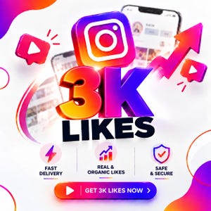 Pode incluir: Um gráfico 3D com o logótipo do Instagram acima do texto a negrito 3K LIKES. Abaixo estão três ícones circulares para Fast Delivery, Real & Organic Likes e Safe & Secure. Um botão inferior exibe o texto GET 3K LIKES NOW com ícone play.