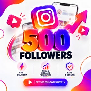 Pode incluir: Um gráfico com o logótipo do Instagram em 3D acima do texto 500 FOLLOWERS num gradiente de laranja para azul. Abaixo, três ícones circulares rotulados FAST DELIVERY, REAL & ORGANIC FOLLOWERS e SAFE & SECURE, com um botão GET 500 FOLLOWERS NOW.