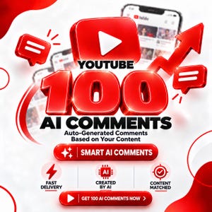 May include: A digital graphic featuring the red YouTube logo, the text YOUTUBE 100 AI COMMENTS, and Auto-Generated Comments Based on Your Content. Includes buttons labeled SMART AI COMMENTS and GET 100 AI COMMENTS NOW, plus icons for fast delivery.