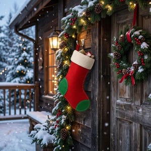 Può includere: Una calza natalizia rossa con risvolto color crema e sezioni verdi su punta e tallone, appesa a un telaio di porta in legno decorato con una ghirlanda di pino, pigne, bacche rosse e una ghirlanda abbinata durante una sera d'inverno innevata.