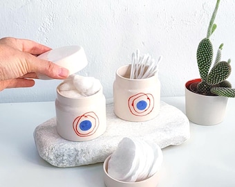 Handmade Ceramic Bathroom Organizer Set: Cotton Pad, Q-tip & Paper Towel Holder