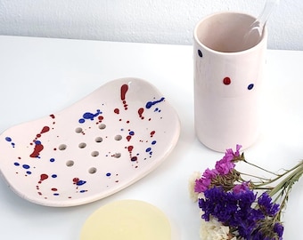 Juego de jabonera y portacepillos de dientes, organizador de baño de cerámica hecho a mano,