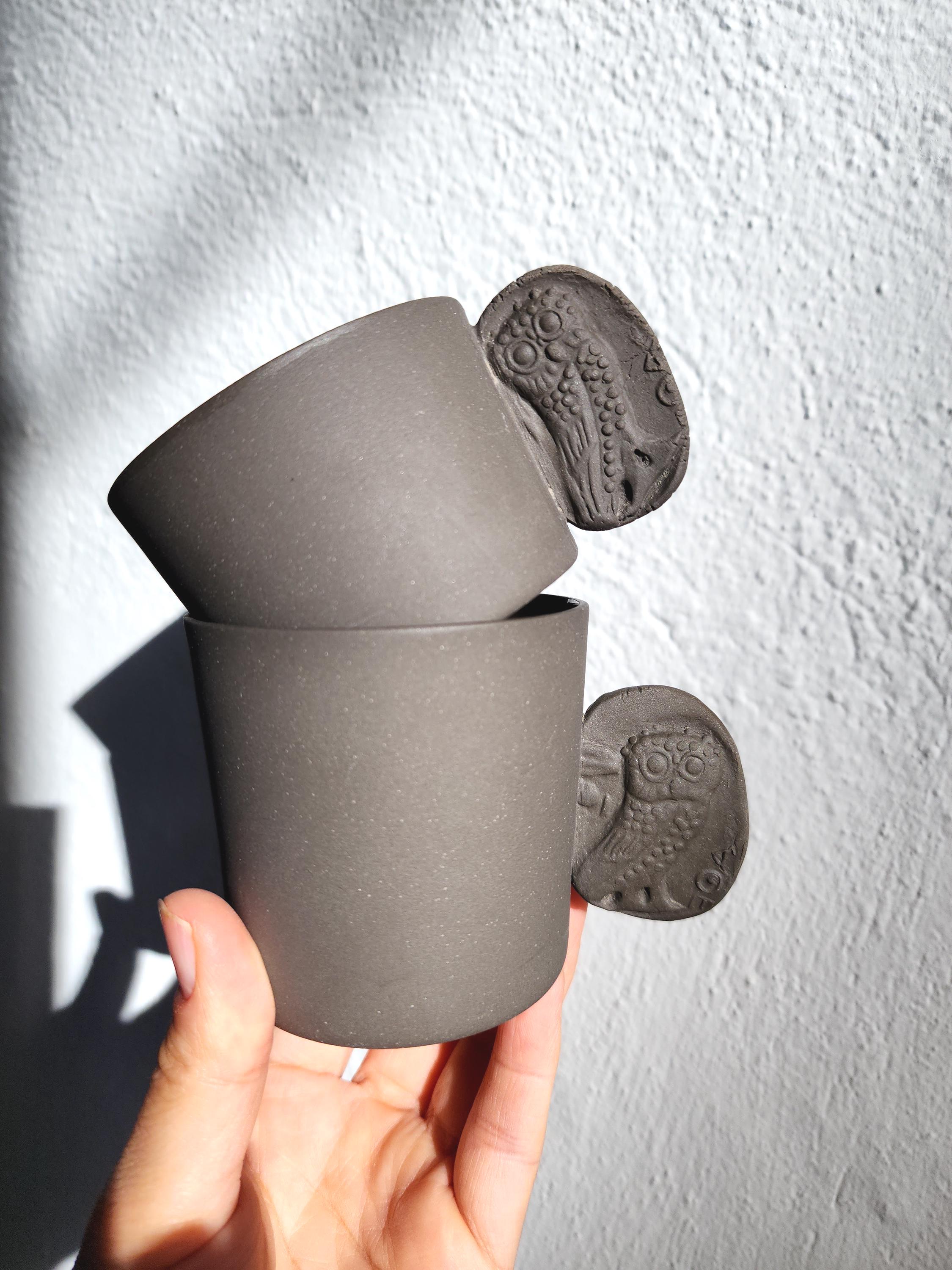 Handmade Black Stoneware Owl Mug: Unique Ceramic Coffee Cup