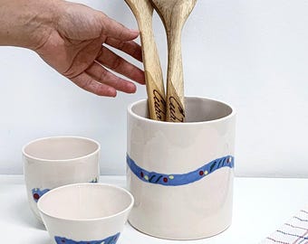 Handgefertigter Küchenutensilienhalter aus Keramik – Geschenk für Köche – Organizer für die Küchenarbeitsplatte