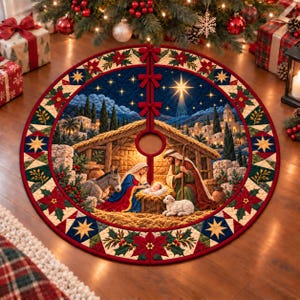 Jupe de sapin de Noël Crèche, Jupe de sapin matelassée avec l'étoile de Bethléem, Décoration chrétienne, Cache-pied de sapin religieux