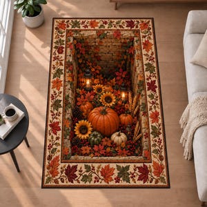 3D-Kürbisfeld-Herbstteppich, gesteppter Herbstteppich, Fußmatte für Thanksgiving, Kürbisdeko im Landhausstil, gemütlicher saisonaler Heimteppich