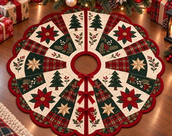 Op de afbeelding: Een ronde, doorgestikte kerstboomrok met een patchworkontwerp van rode, donkergroene en crèmekleurige stof. Het patroon bevat applicaties van kerststerren, dennenbomen, sterren en hulsttakjes. Het heeft een geschulpte rand en drie rode strikken.