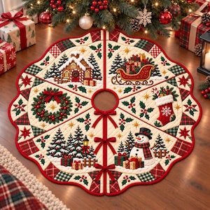 May include: A circular quilted Christmas tree skirt featuring a cream background with red and green plaid borders. The design includes embroidered scenes of a gingerbread house, a sleigh with gifts, a wreath, a stocking, and a snowman.