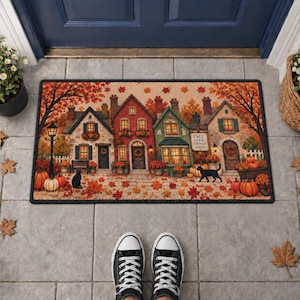 Paillasson « Village d'automne », tapis de bienvenue citrouille d'automne et chat noir, décoration rustique pour porche, tapis d'entrée chaleureux aux couleurs de l'automne, cadeau d'automne pour la maison