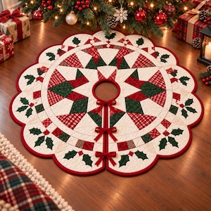 May include: A round, quilted Christmas tree skirt featuring a star-shaped patchwork pattern in red, green, and cream. The design includes red plaid, green textured fabric, and holly leaf appliqués along the scalloped edge with three red ribbon ties.