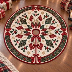 May include: A circular quilted Christmas tree skirt featuring a central star pattern in red, green, and cream. The design includes holly leaf and berry motifs, gold embroidered snowflakes, and a border with three red fabric bows for closure.