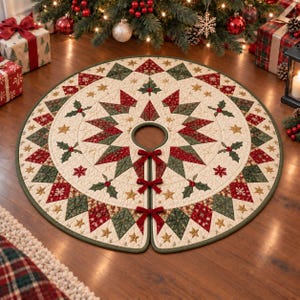 May include: A round, quilted Christmas tree skirt featuring a cream-colored base with a geometric star pattern in red and green. The design includes holly leaf and berry motifs, gold embroidered stars, and three red velvet ribbon ties.