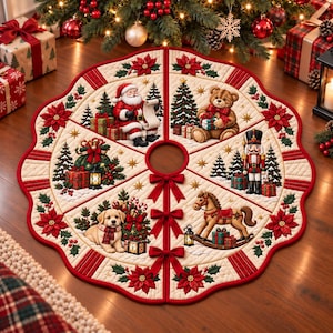 Santa Claus Quilted Christmas Tree Skirt, Vintage Teddy Bear Nutcracker Holiday Decor, Red Poinsettia Farmhouse Xmas Tree Mat