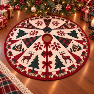 Christmas Tree Skirt Quilt Pattern, Snowflake Reindeer Patchwork Sewing Pattern, Quilted Xmas Tree Mat, DIY Farmhouse Holiday Decor
