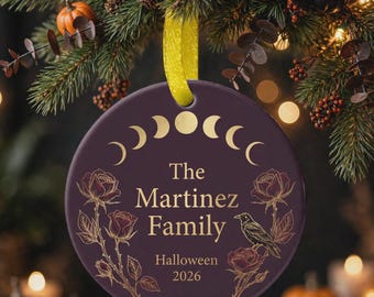 Custom Gothic Raven Ceramic Ornament, Moon Phases, Roses, Family Name (Personalized)