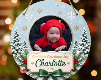 Personalized baby First Christmas custom photo ornament, Newborn Holiday ornament, Year 2026