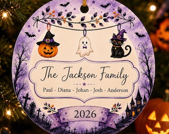 Personalized Halloween & Christmas ornament, family name gift, whimsical holiday decoration, white glossy ornament