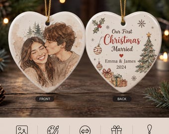 Custom Couple Photo Ceramic Heart Ornament, First Christmas Married Keepsake (Personalized)