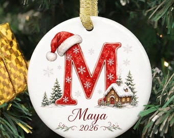Personalized Family Gift, Initial Christmas ornament, Santa Hat monogram, Year dated keepsake