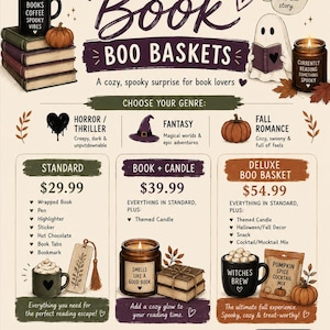Puede incluir: Un folleto promocional para Blind Date with a Book Boo Baskets con ilustraciones de libros, un fantasma, velas y calabazas. El texto detalla tres niveles de cestas de regalo: Standard, Book + Candle y Deluxe, con un código QR para PardoeShop.square.site.