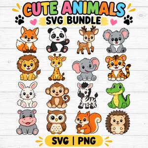 May include: A digital graphic collection titled CUTE ANIMALS SVG BUNDLE featuring sixteen colourful cartoon animal illustrations including a fox, panda, deer, koala, lion, giraffe, elephant, tiger, rabbit, monkey, zebra, crocodile, hippo, owl, squirrel, and hedgehog.