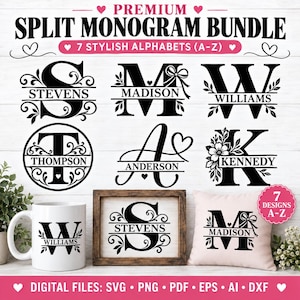 Puede incluir: Un paquete de diseño digital con siete alfabetos de monogramas divididos en negro. La imagen muestra varios estilos de letras con nombres como Stevens, Madison, Williams, Thompson, Anderson y Kennedy aplicados en una taza blanca, un marco de madera y un cojín.