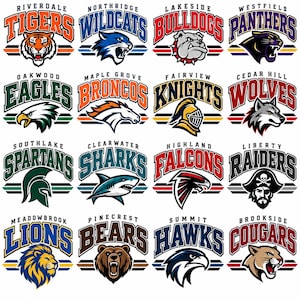 May include: A collection of sixteen sports team logos arranged in a grid. Each logo features a mascot illustration, such as a tiger, wildcat, bulldog, panther, eagle, bronco, knight, wolf, spartan, shark, falcon, pirate, lion, bear, hawk, and cougar.